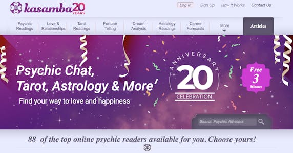 Screenshot of kasamba's homepage that shows just how many types of astrology reports and readings the site offers, including Taurus compatibility readings.