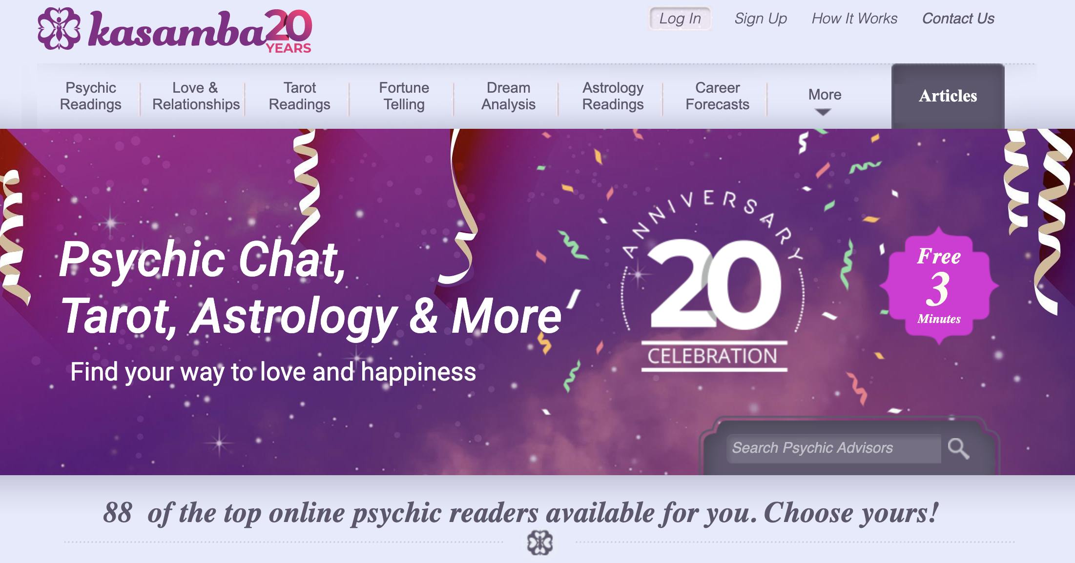 Screenshot of kasamba's homepage that shows just how many types of astrology reports and readings the site offers.