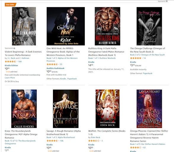 A collection of best-selling omegaverse works on Amazon.