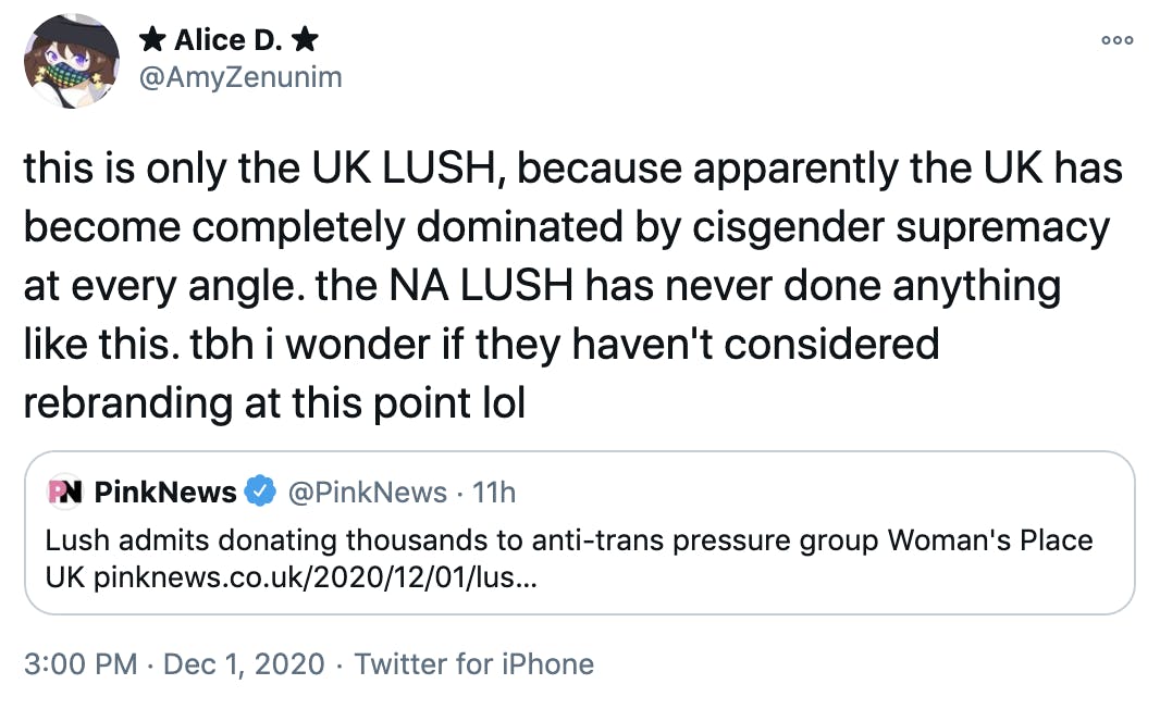 this is only the UK LUSH, because apparently the UK has become completely dominated by cisgender supremacy at every angle. the NA LUSH has never done anything like this. tbh i wonder if they haven't considered rebranding at this point lol