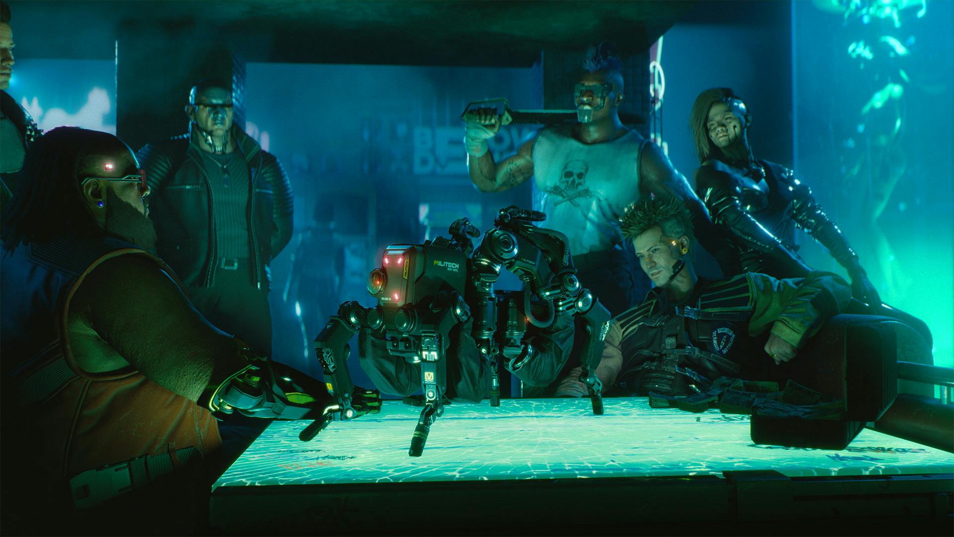 Six cybernetically augmented characters look at a four-legged military drone in a Cyberpunk 2077 screenshot.