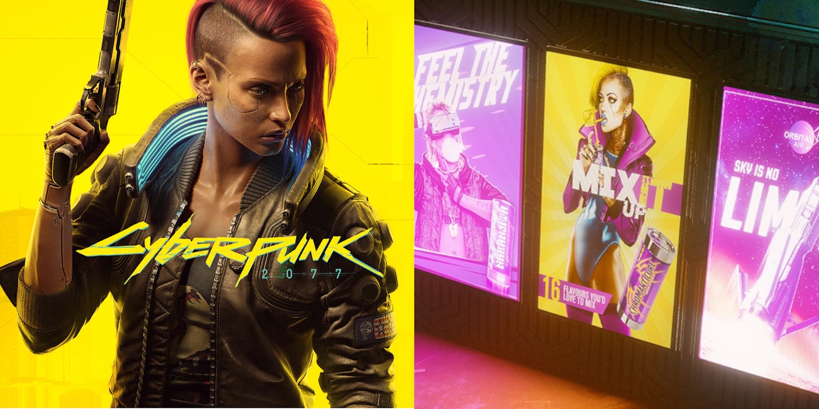 A side-by-side comparison of the Cyberpunk 2077 cover and the controversial 'Chromanticore' in-game trans model.