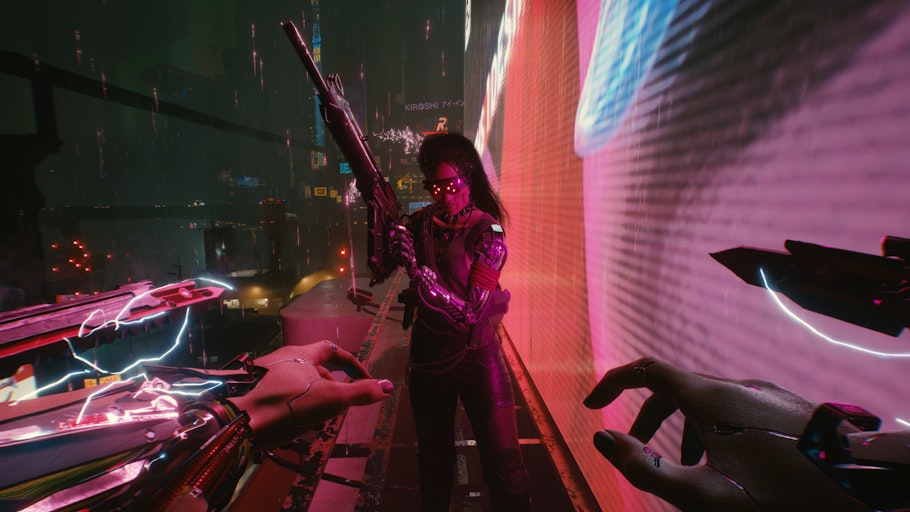A first-person view of a female character with cybernetic augments seemingly targeting another in Cyberpunk 2077.