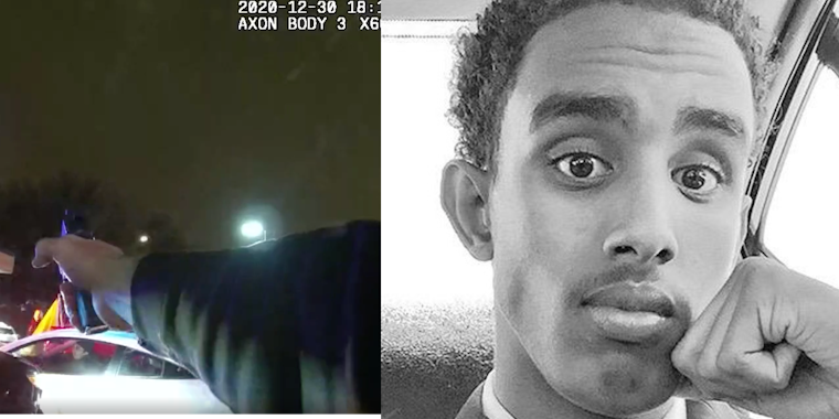 (L) Bodycam footage shows cop pointing his gun at Dolal Idd moments before fatally shooting him (R) Dolal Idd