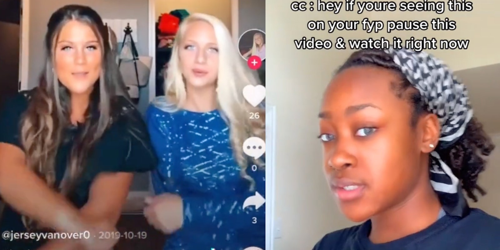 (L) The original video of the two women dancing and using the N-word; (R) Abi Akharoh commenting on the video