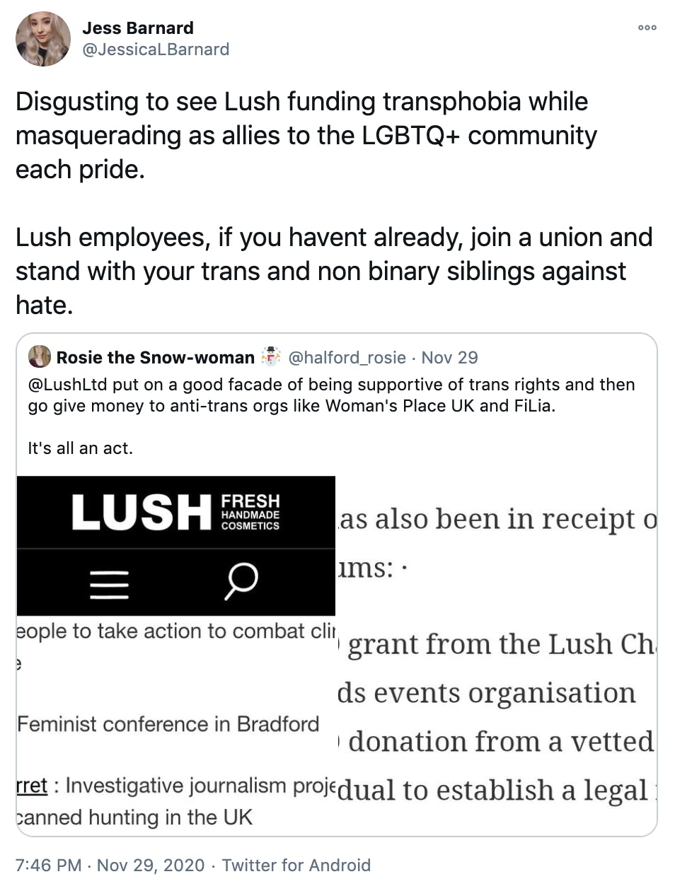 Disgusting to see Lush funding transphobia while masquerading as allies to the LGBTQ+ community each pride. Lush employees, if you havent already, join a union and stand with your trans and non binary siblings against hate.
