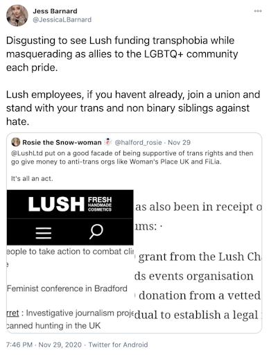Disgusting to see Lush funding transphobia while masquerading as allies to the LGBTQ+ community each pride.  Lush employees, if you havent already, join a union and stand with your trans and non binary siblings against hate.