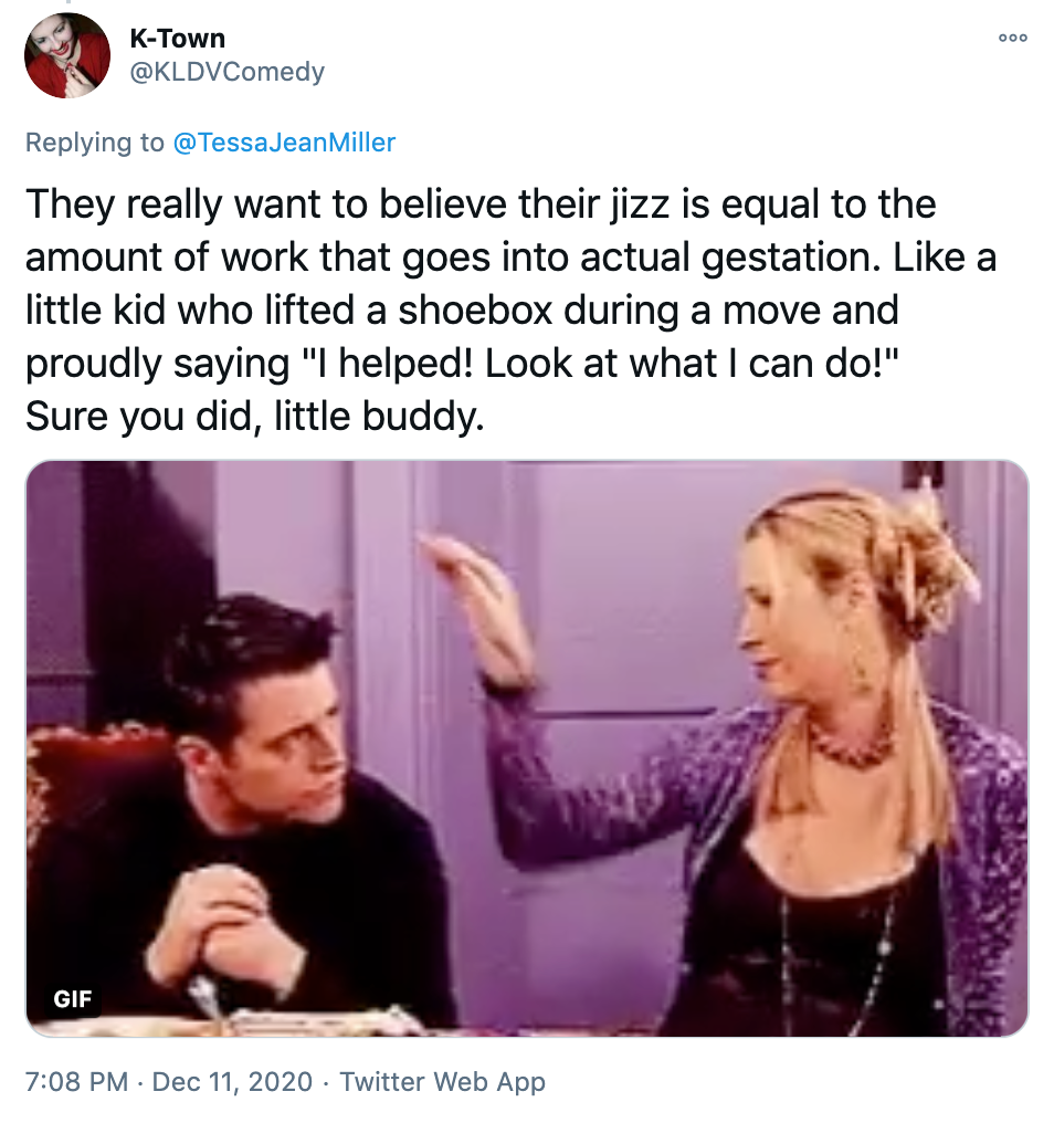 'They really want to believe their jizz is equal to the amount of work that goes into actual gestation. Like a little kid who lifted a shoebox during a move and proudly saying 'I helped! Look at what I can do!' Sure you did, little buddy.' gif of Phoebe from Friends patting Joe on the head