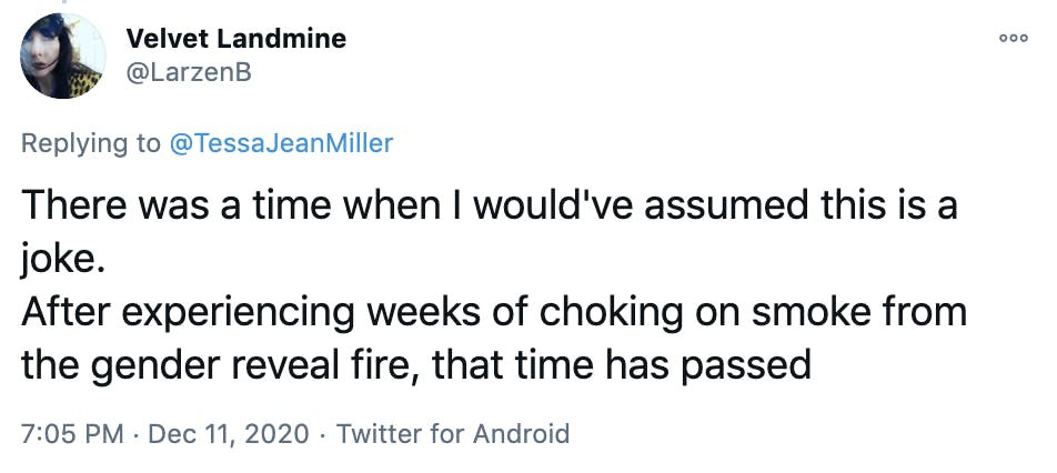 There was a time when I would've assumed this is a joke. After experiencing weeks of choking on smoke from the gender reveal fire, that time has passed