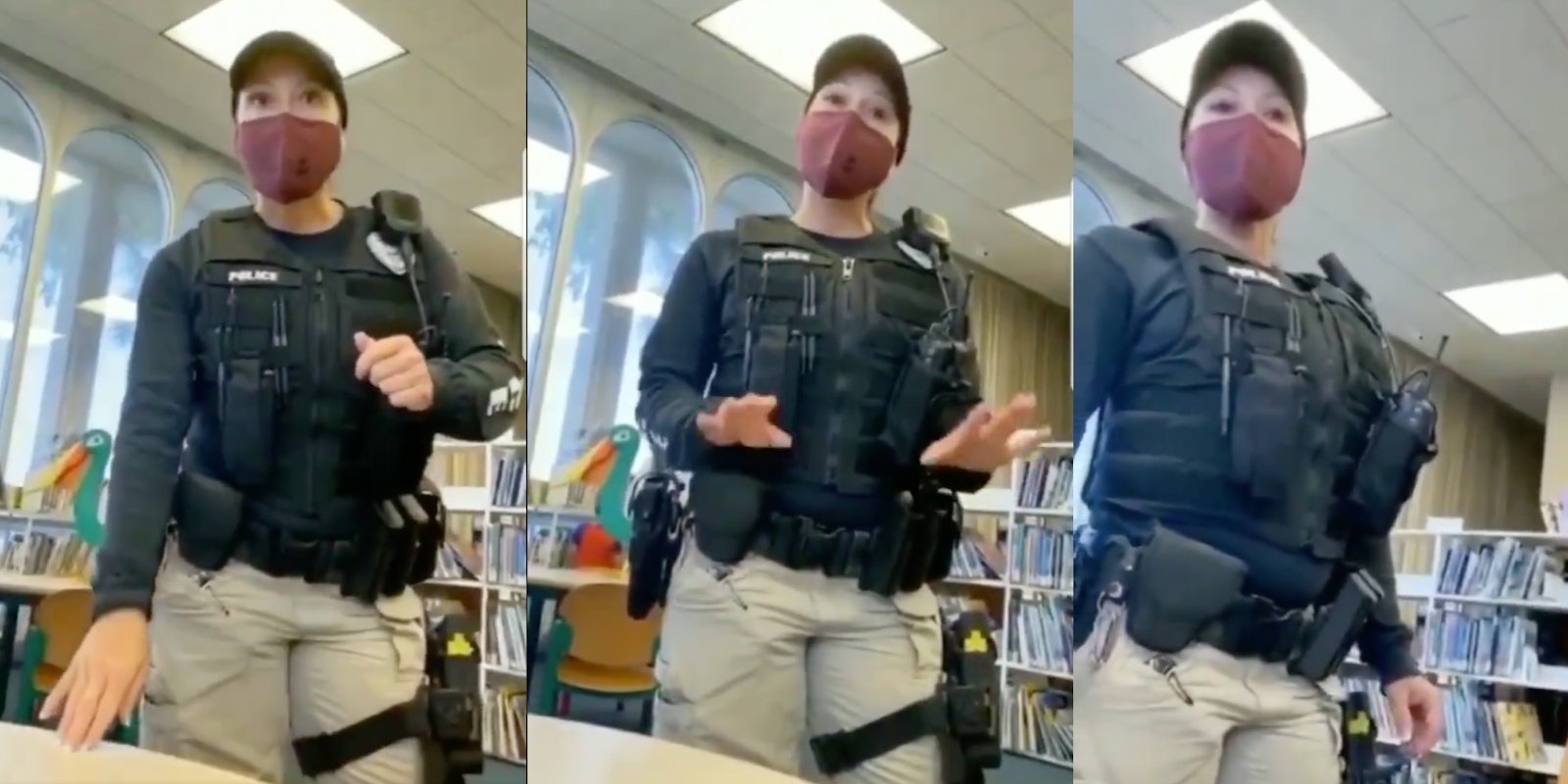 Police officer asks 'Library Karen' to leave public library after she refuses to wear a mask.
