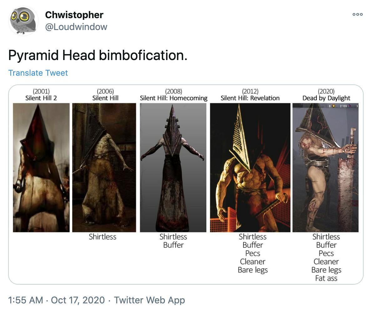 'Pyramid Head bimbofication.' images of all five versions of Pyramid Head next to each other, demonstating how they get cleaner, more muscular and more skimpily dressed with each update