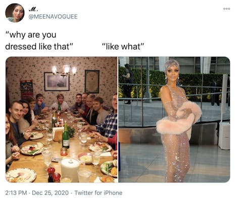 "why are you dressed like that? like what?" a photograph of a white family around a Christmas dinner table all looking at the camera with surprised expressions and a photograph of Rihanna in her transparent gem encrusted Met Gala dress