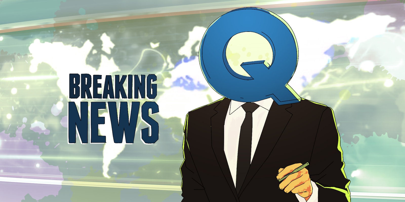 illustration of a newscaster with a Q for a head, with Breaking News graphic