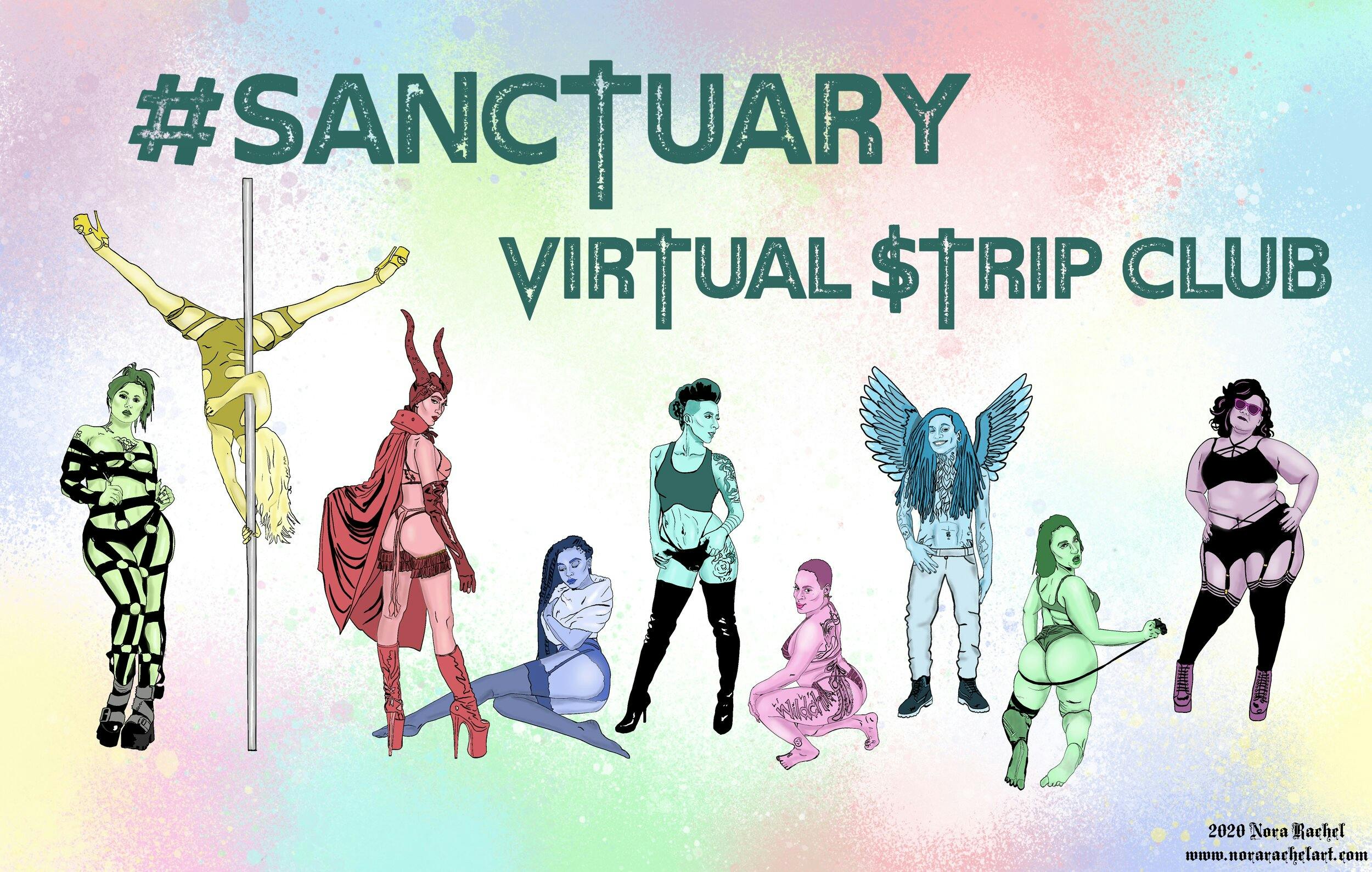 An illustration of nine strippers for SANCTUARY, the virtual strip club.