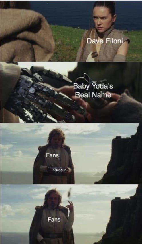 Meme showing fans not being satisfied with the name Grogu for Baby Yoda.