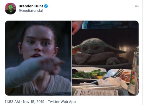 Tweet showing Baby Yoda inserted in the women pointing at cat meme