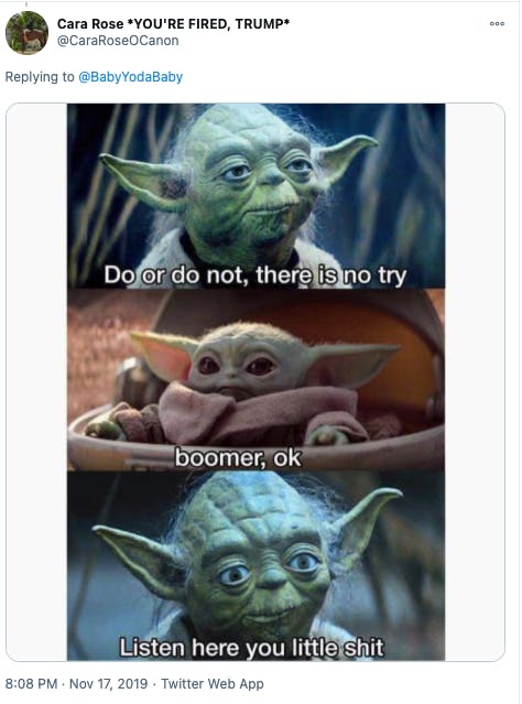 Image showing Baby Yoda saying, 'ok Boomer' to Master Yoda.