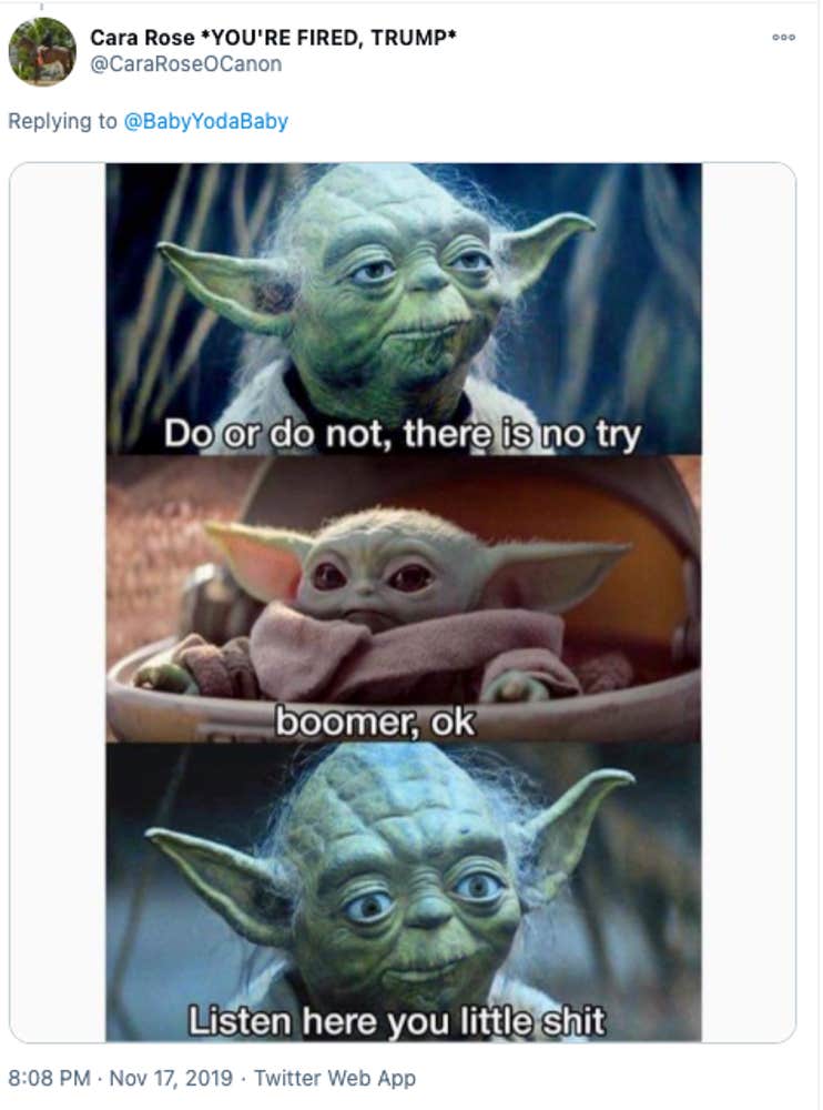 Image showing Baby Yoda saying, "ok Boomer" to Master Yoda.