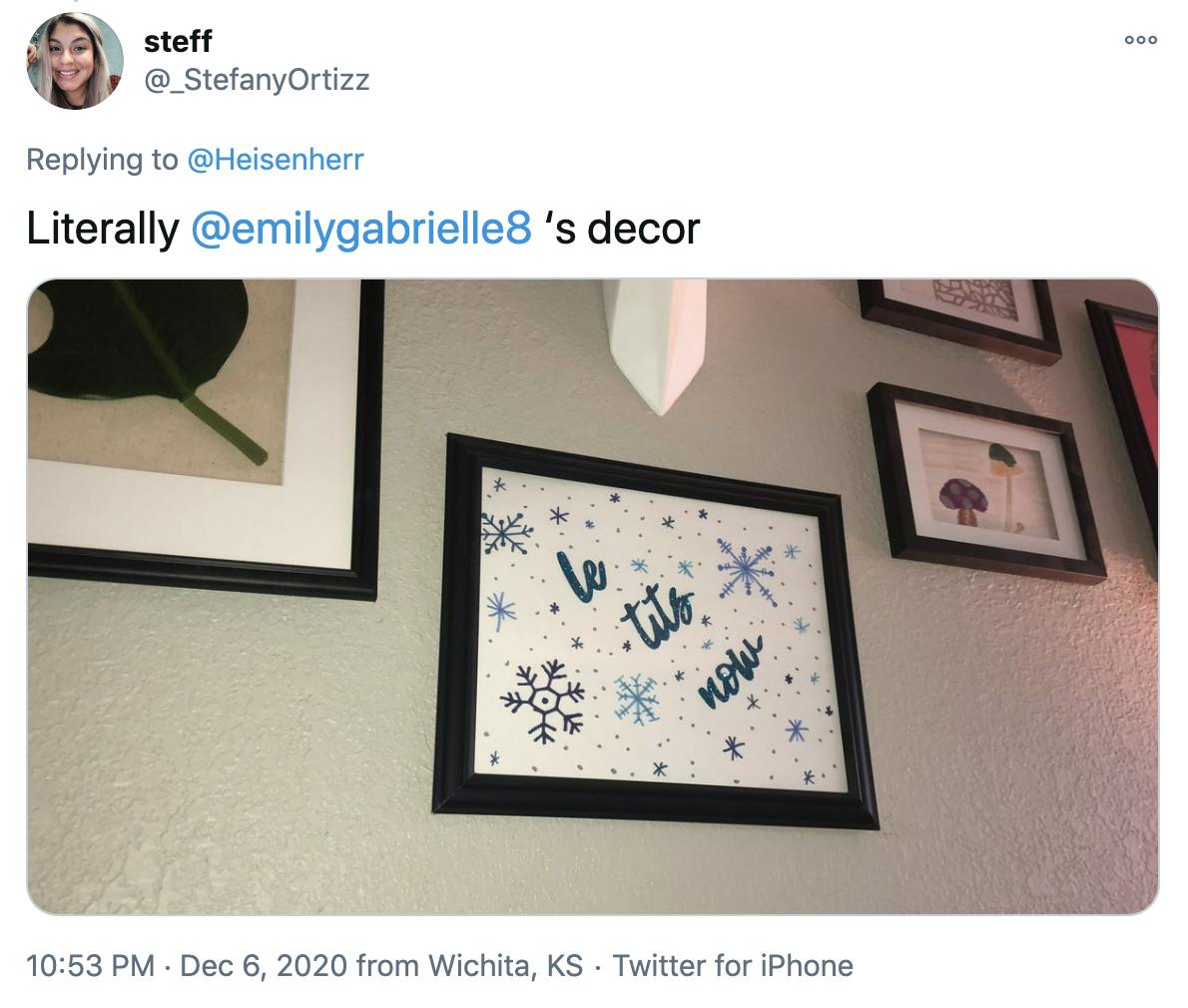 'Literally @emilygabrielle8 ‘s decor' a framed piece of art featuring snowflakes and the words le tits now in blue