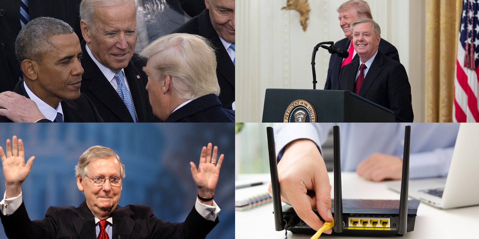 A collage of images showing Donald Trump, Joe Biden, Barack Obama, Lindsey Graham, Mitch McConnell and someone plugging in a router.