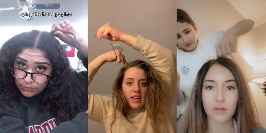 Three screenshots show three different young women from three separate TikToks, all participating in the "scalp popping" challenge. 