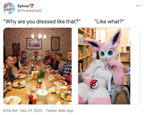 "why are you dressed like that? like what?" a photograph of a white family around a Christmas dinner table all looking at the camera with surprised expressions and a person in a Sylveon Pokemon fur suit, a predominantly white with pink patches coat with long thin pointed ears, holding a poke ball and lounging in a chair