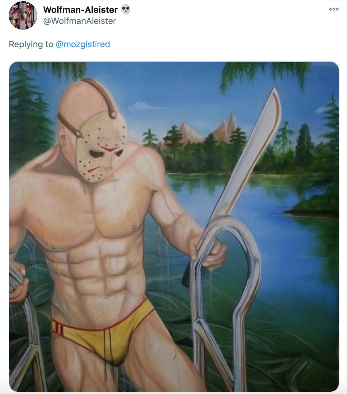 Painting of a muscle bound Jason in a yellow speedo, climbing out of the lake, dripping wet and carrying a machete