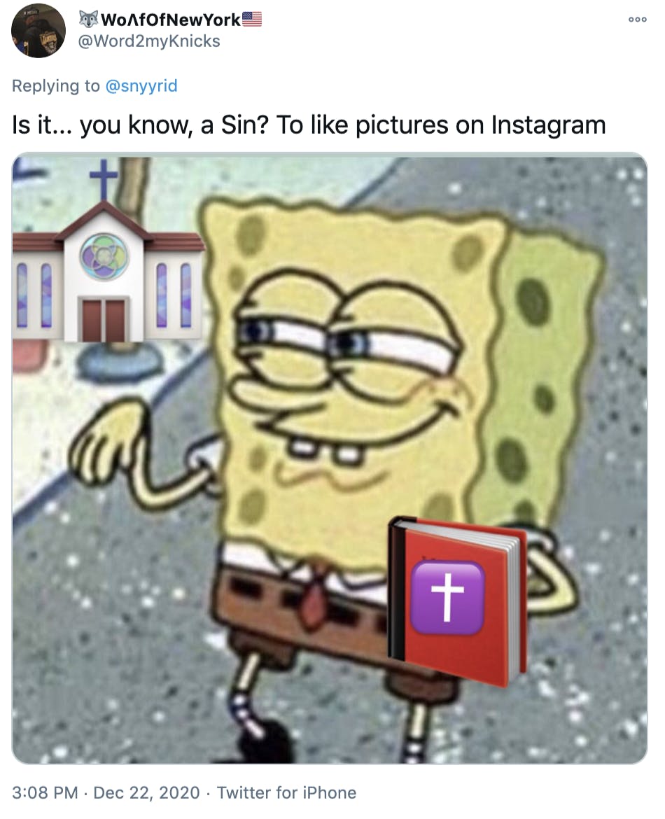 'Is it... you know, a Sin? To like pictures on Instagram' screen grab of Spongebob flapping his wrist with a red exercise book with a purple cross on the front of it photoshopped in