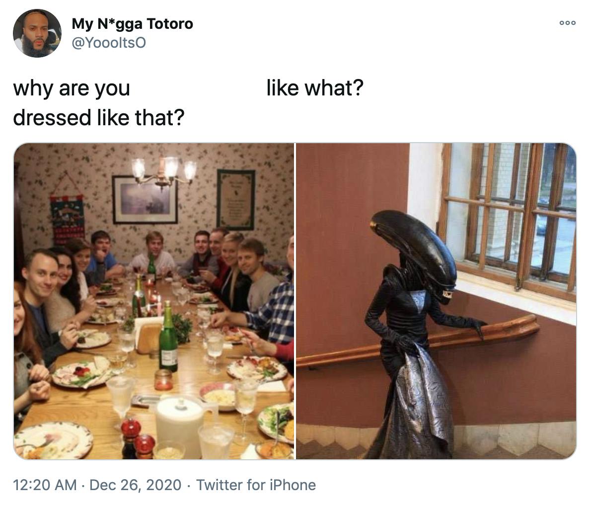 why are you dressed like that? like what?' a photograph of a white family around a Christmas dinner table all looking at the camera with surprised expressions and a photo of a person wearing a detailed alien queen from the movie aliens costume dress including a realistic head