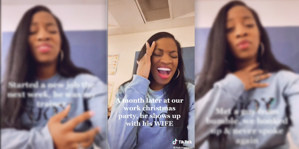 Three screenshots show a young Black woman, @itskimeann, in a blue shirt. They are screenshots from her TikTok participating in the "Bad Romance" challenge.