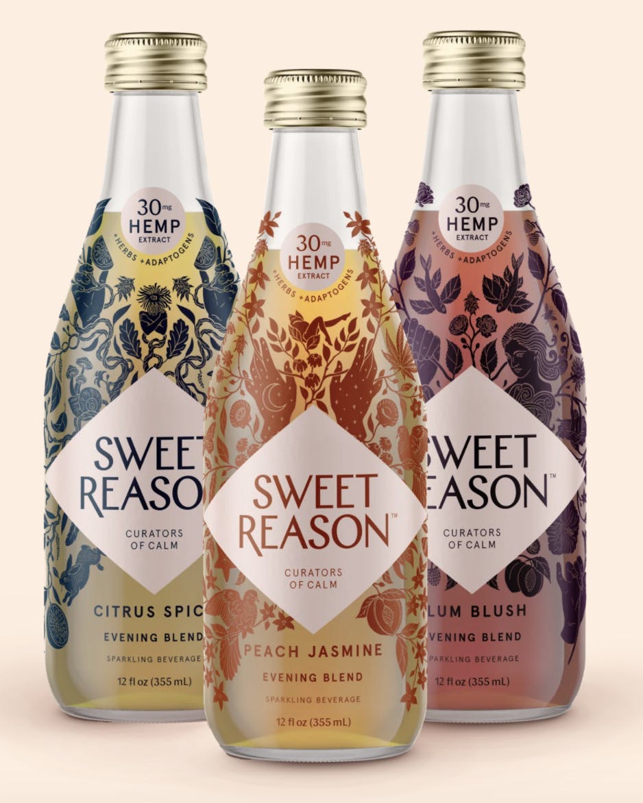 Sweet Reason's Evening Sampler contains three flavors of tea-like CBD beverages in decorative glass bottles.
