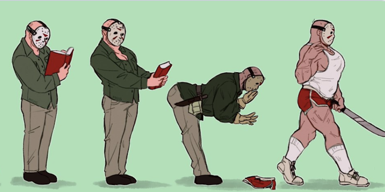 drawings of Jason from Friday 13th, starting with his original incarnation and progressing to a muscle bound white tank top and red boxer shorts wearing version. The different versions of him are in different stages of putting a book down on the floor, the most bimbofied is walking away from it.