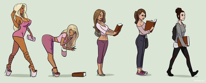 A scantily dressed blonde with tanned skin and large breasts sees a book, picks it up and reads it, with her appearance slowly changing to that of a pale, thin brunette wearing baggy clothes as she does