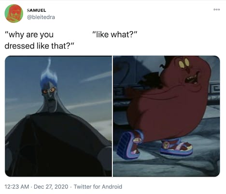 "why are you dressed like that? like what?" Still of Hades from the Disney movie Hercules, a tall blue toned figure dressed in black with blue flame on his head next to a red round demon wearing Hercules brand sneakers