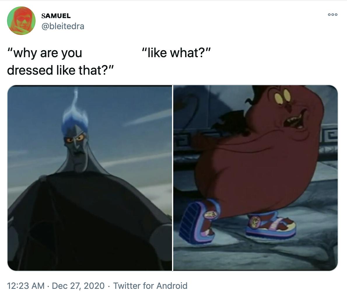 'why are you dressed like that? like what?' Still of Hades from the Disney movie Hercules, a tall blue toned figure dressed in black with blue flame on his head next to a red round demon wearing Hercules brand sneakers
