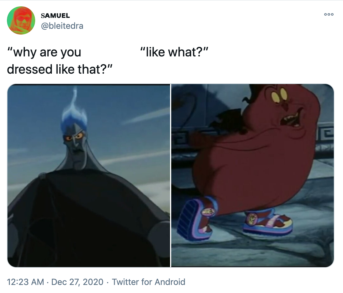 'why are you dressed like that? like what?' Still of Hades from the Disney movie Hercules, a tall blue toned figure dressed in black with blue flame on his head next to a red round demon wearing Hercules brand sneakers