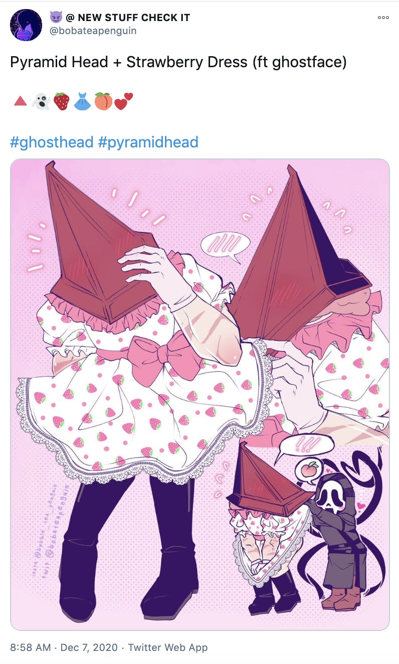 'Pyramid Head + Strawberry Dress (ft ghostface) Up-pointing red triangleGhostStrawberryDressPeachTwo hearts' cartoonish drawing of Pyramid Head wearing the Strawberry dress with a ghostly-grim reaper like figure looking up his skirt
