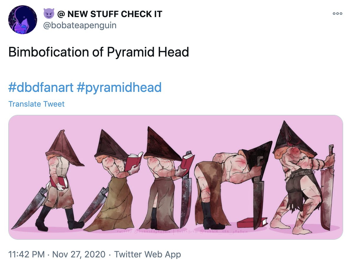 'Bimbofication of Pyramid Head #dbdfanart #pyramidhead' Pyramid Head undergoing the classic bimbofication transition with each step one of his game designs