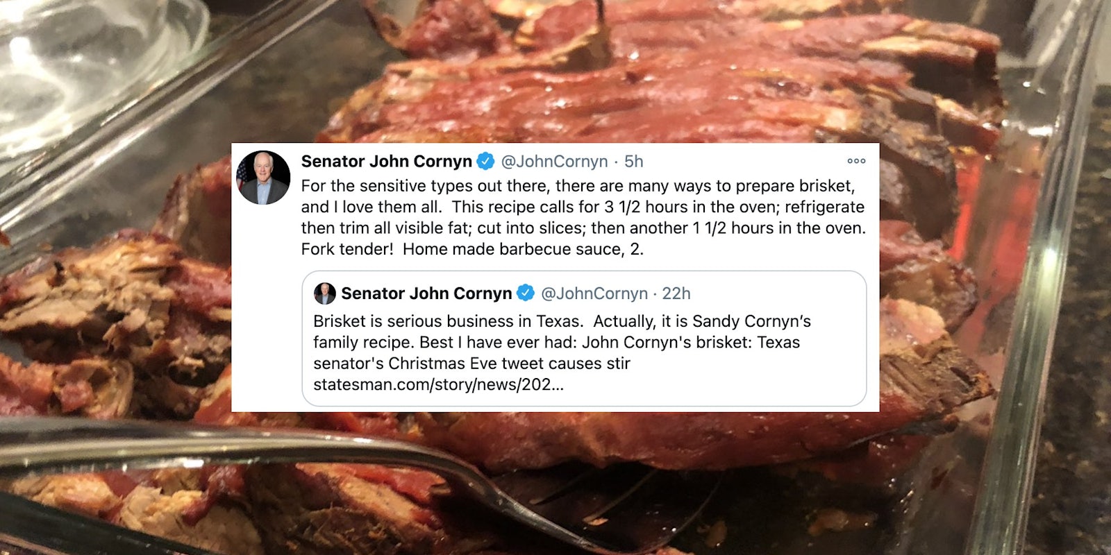 A tweet over a picture of brisket