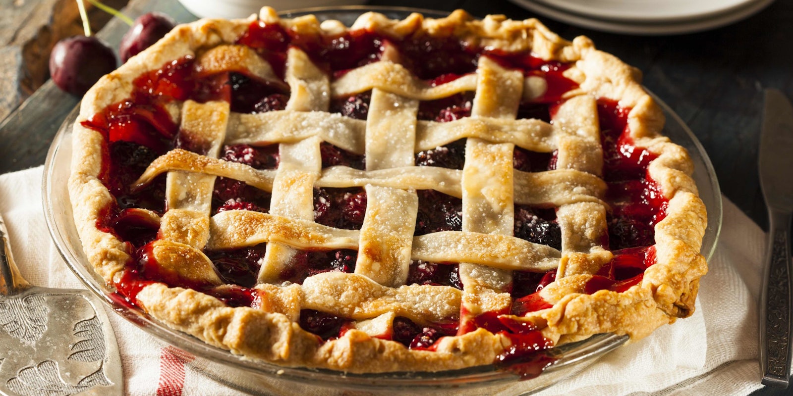 picture of cherry pie on table