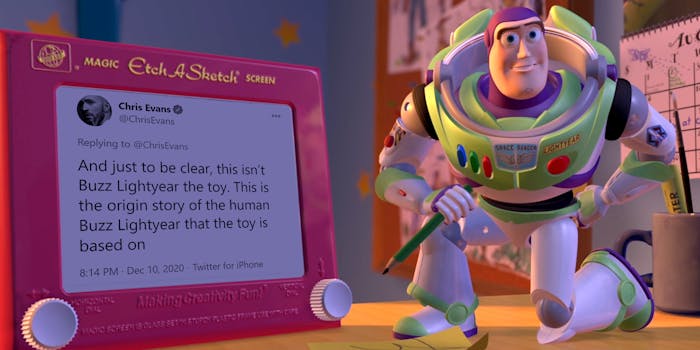 chris evans tweet on "etch-a-sketch" that says "And just to be clear, this isn't Buzz Lightyear the toy. This is the origin story of the human Buzz Lightyear that the toy is based on"