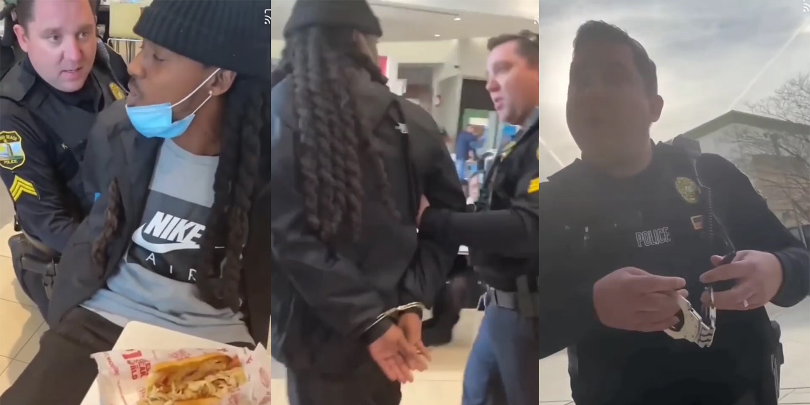 cop handcuffs Black man while eating lunch with his family at a mall, leads him outside, then removes the cuffs