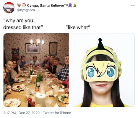 "why are you dressed like that? like what?" a photograph of a white family around a Christmas dinner table all looking at the camera with surprised expressions and  a dark haired pale skinned woman in a yellow anime eye mask with an odd black bowling skittle like device on top of her head