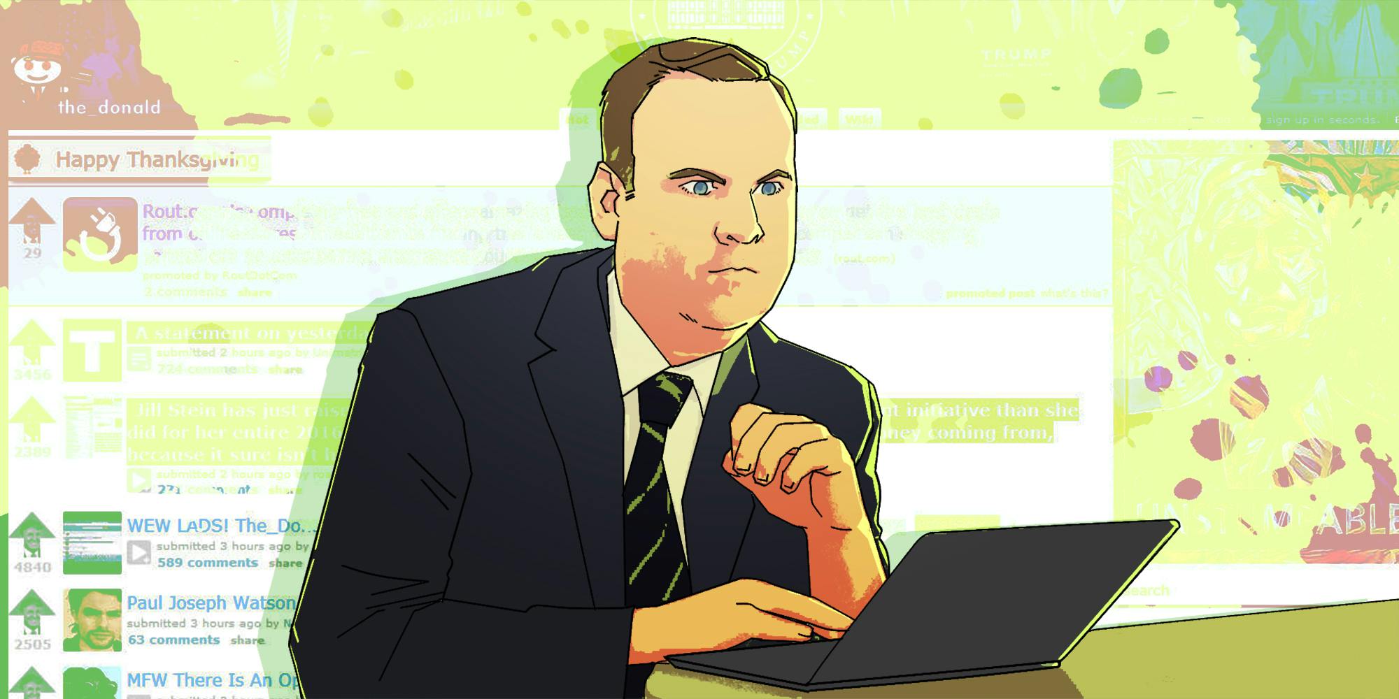 illustration of dan scavino at laptop over subreddit "the donald" background
