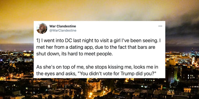 A tweet over an image of Washington D.C. at night