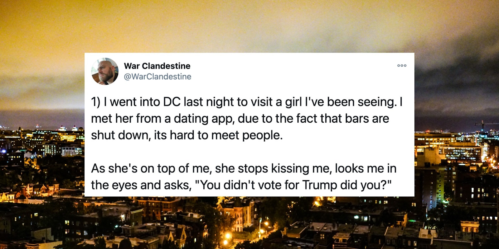 A tweet over an image of Washington D.C. at night