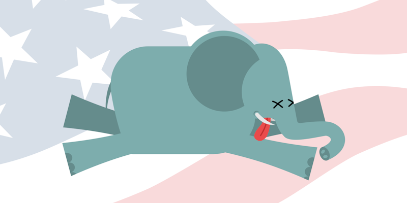 illustration of dead elephant over faded flag
