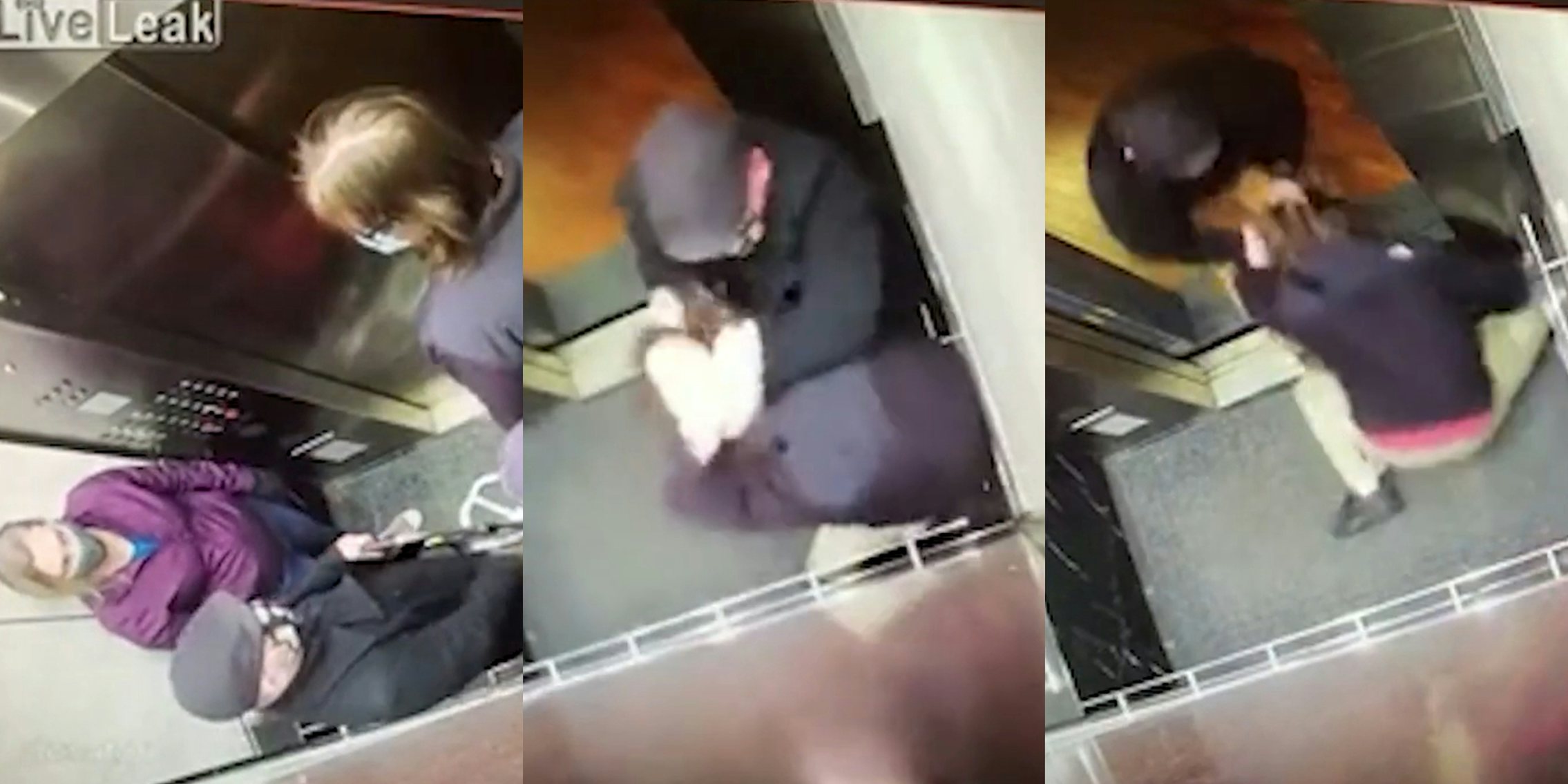 man standing on crowded elevator coughs toward couple, man grabs coughing man, drags him out of elevator by hair