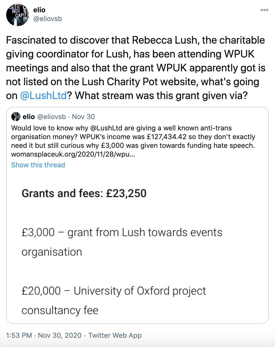 Fascinated to discover that Rebecca Lush, the charitable giving coordinator for Lush, has been attending WPUK meetings and also that the grant WPUK apparently got is not listed on the Lush Charity Pot website, what's going on @LushLtd ? What stream was this grant given via?