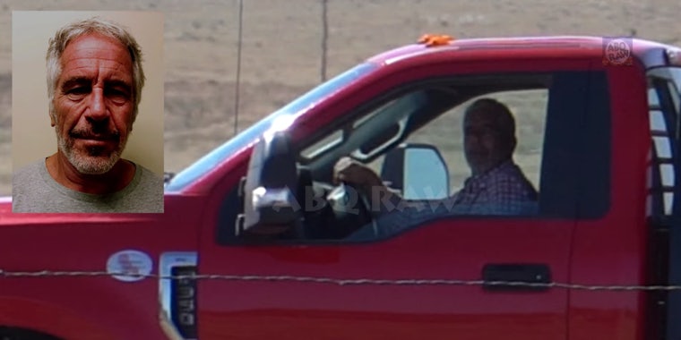 A man in a red truck that conspiracy theorists believe is Jeffrey Epstein